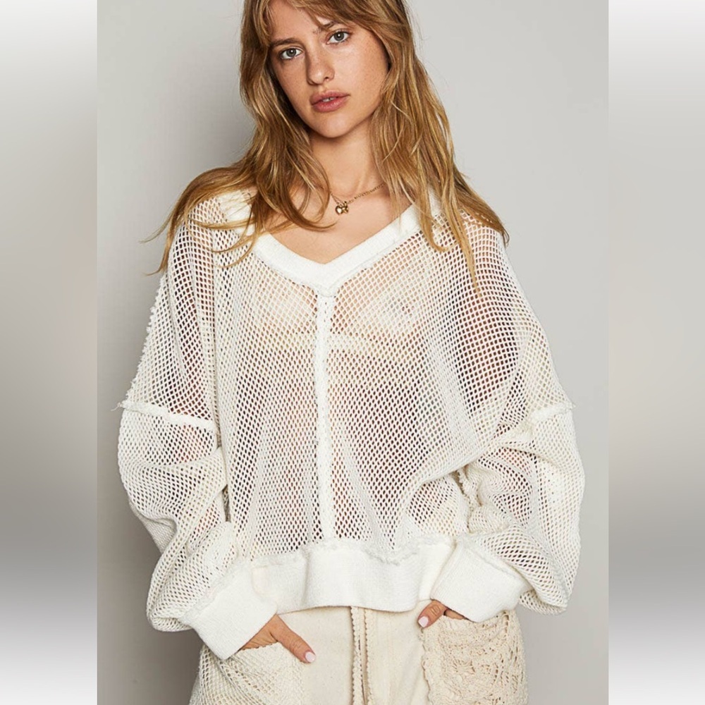 POL Beige V-Neck Mesh Sweater